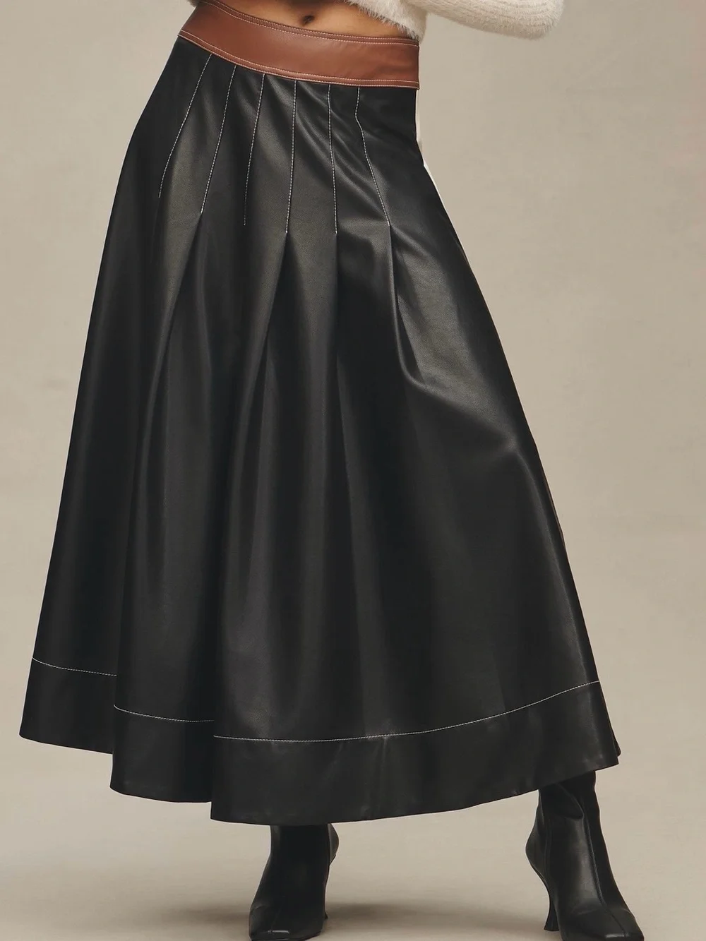 By Anthropologie Faux-Leather Colorblock Pleated Maxi Skirt Size 2 NWT